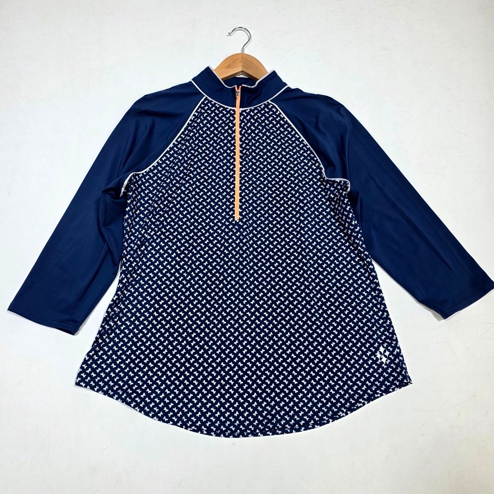 Loft Quarter Zip Pullover Women Large Navy Blue Bow Print Long Sleeve Athletic